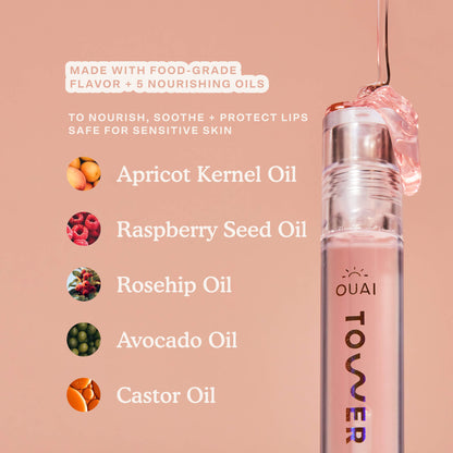 [The key ingredients of Tower 28 x OUAI ShineOn Lip Jelly in Chill In St. Barts listed out]