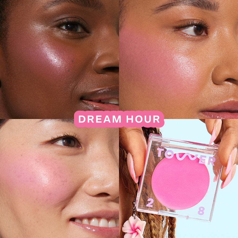 A quad showing Tower 28 Beauty BeachPlease Cream Blush in Dream Hour on three different models with light, medium, and deep skin tones.