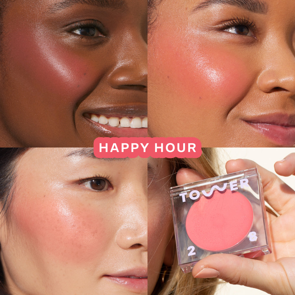 A quad showing Tower 28 Beauty BeachPlease Cream Blush in Happy Hour on three different models with light, medium, and deep skin tones.