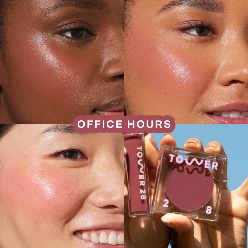 A quad showing Tower 28 Beauty BeachPlease Cream Blush in Office Hour on three different models with light, medium, and deep skin tones.