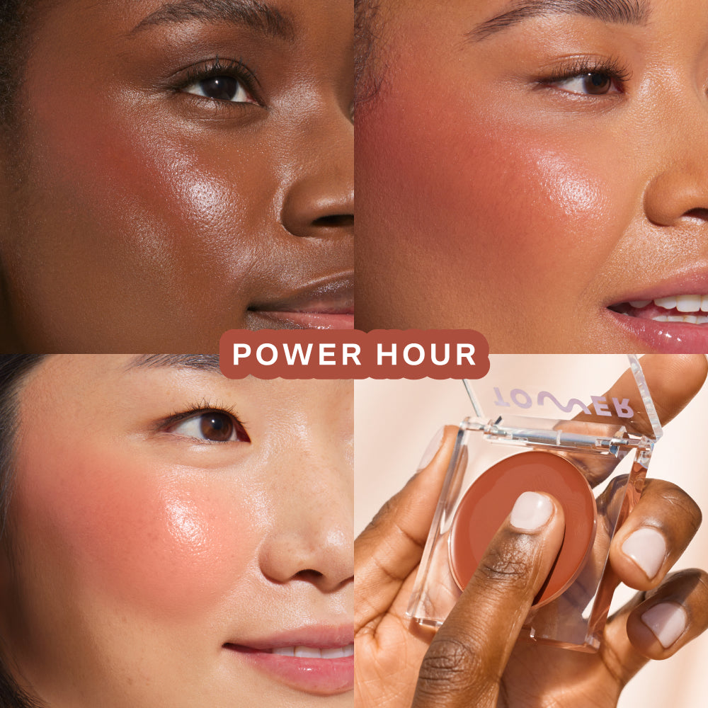 A quad showing Tower 28 Beauty BeachPlease Cream Blush in Power Hour on three different models with light, medium, and deep skin tones.