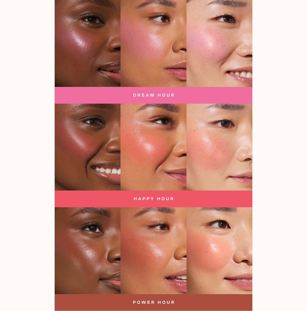 [A collage showing each of Tower 28 Beauty BeachPlease Cream Blush in Dream Hour, Happy Hour, and Power Hour on three different models with light, medium, and deep skin tones.