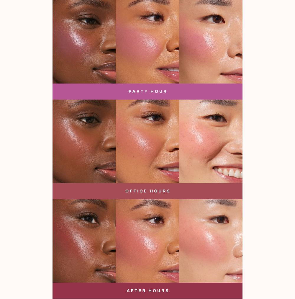 [A collage showing each of Tower 28 Beauty BeachPlease Cream Blush in Party Hour, Office Hours, and After Hours on three different models with light, medium, and deep skin tones.