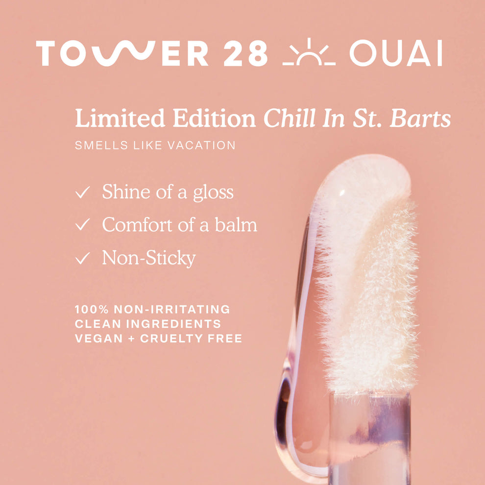 [A description of how Tower 28 x OUAI ShineOn Lip Jelly in Chill In St. Barts looks and feels