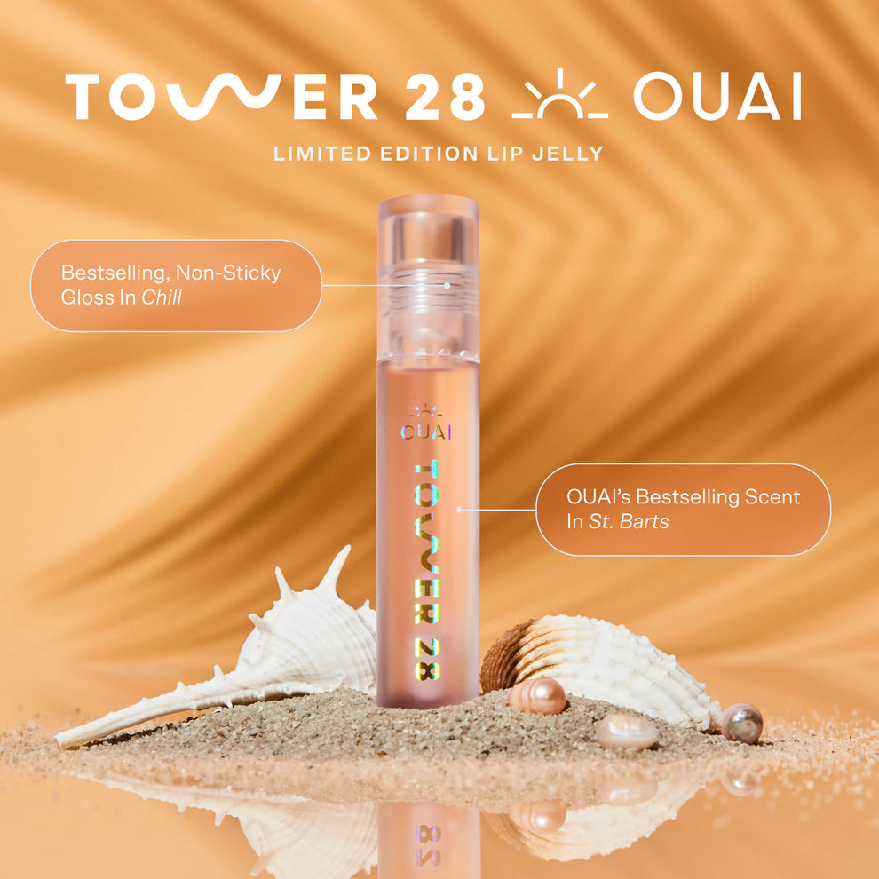 [A description of what Tower 28 x OUAI ShineOn Lip Jelly in Chill In St. Barts looks and smells like