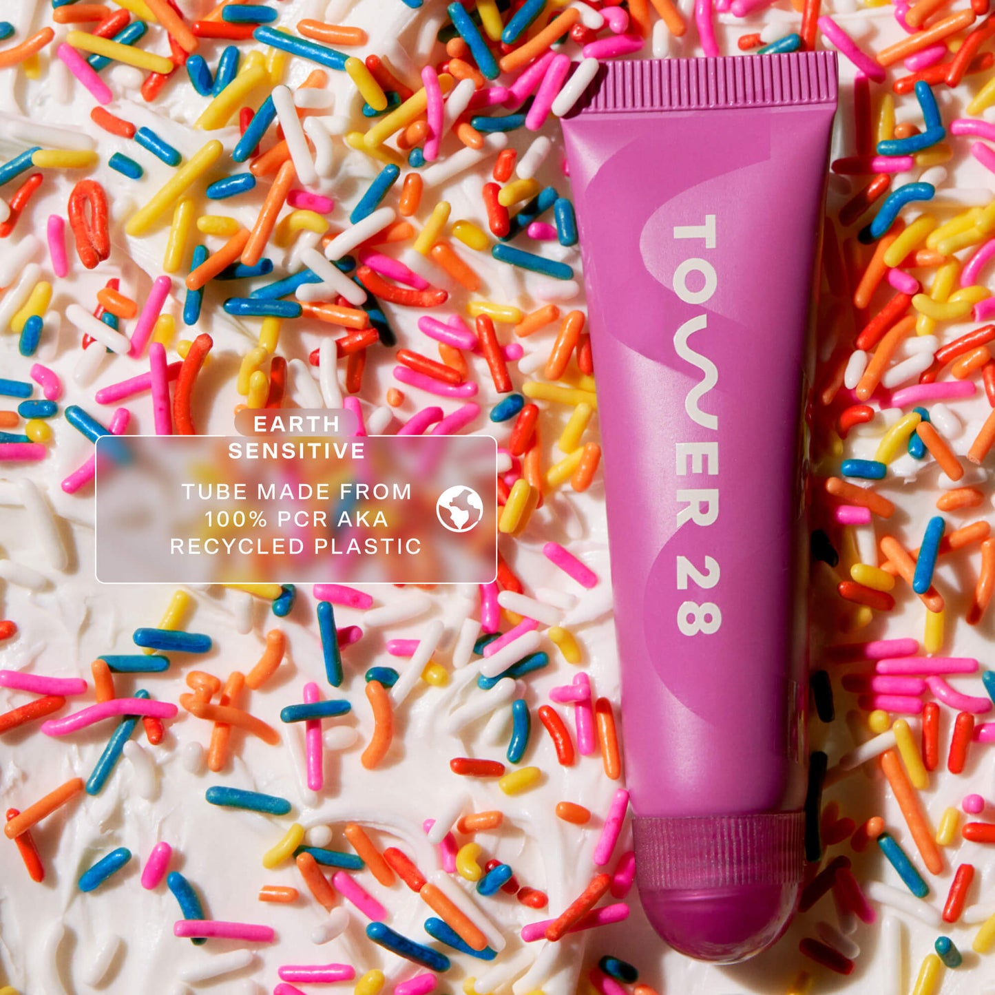 [Shared: Tower 28 Beauty LipSoftie™ Lip Treatment in Confetti Cake has 100% recycled plastic packaging.]