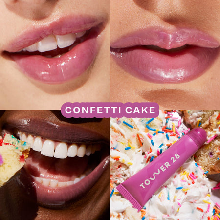 [Shared: Tower 28 Beauty's LipSoftie™ Lip Treatment in Confetti Cake applied on three different skin tones]