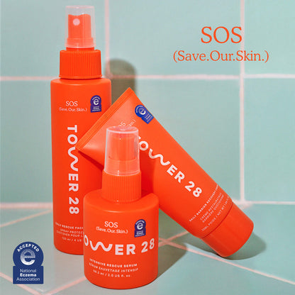 [Shared: Tower 28 Beauty Complete Skincare Routine. SOS Daily Rescue Facial Spray Full-Size. SOS Intensive Rescue Serum. SOS Daily Barrier Recovery Cream. Shown in bathroom over blue tile. Overlayed with National Eczema Association Seal of Acceptance.]