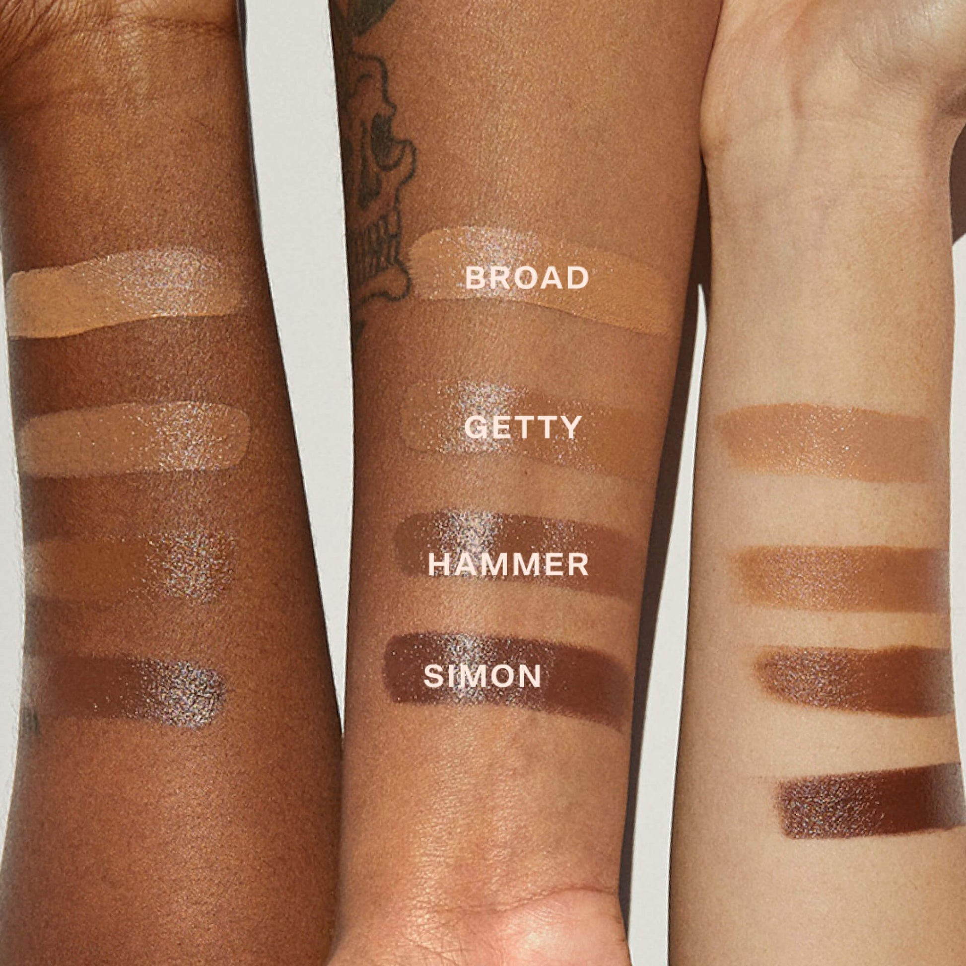 [Shared: All four shades of the Tower 28 Beauty Sculptino™ Cream Contour swatched on three different skin tones