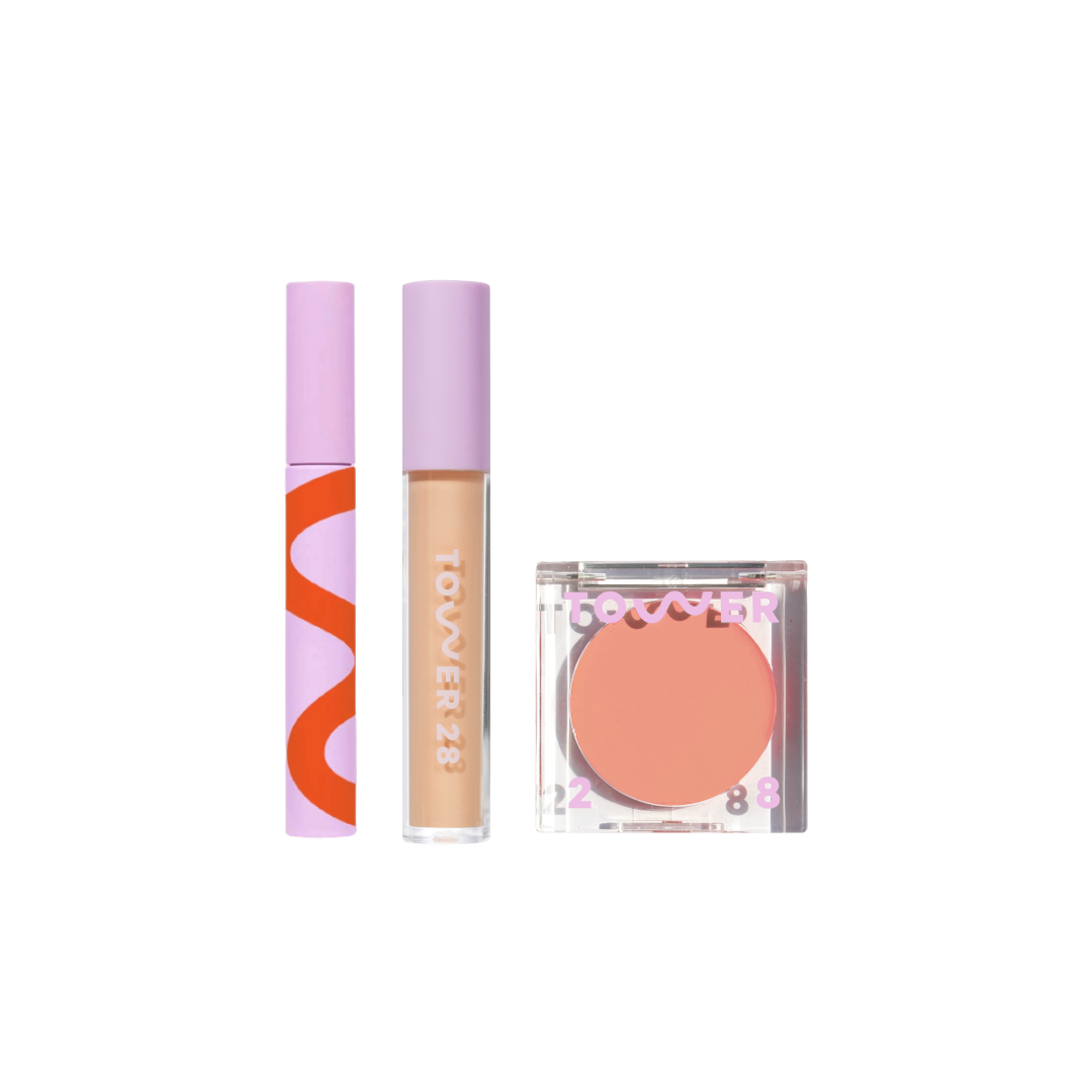 Shared Tower 28 Beauty's Go To Set which features MakeWaves™ Mascara, Swipe Serum Concealer, and BeachPlease Cream Blush