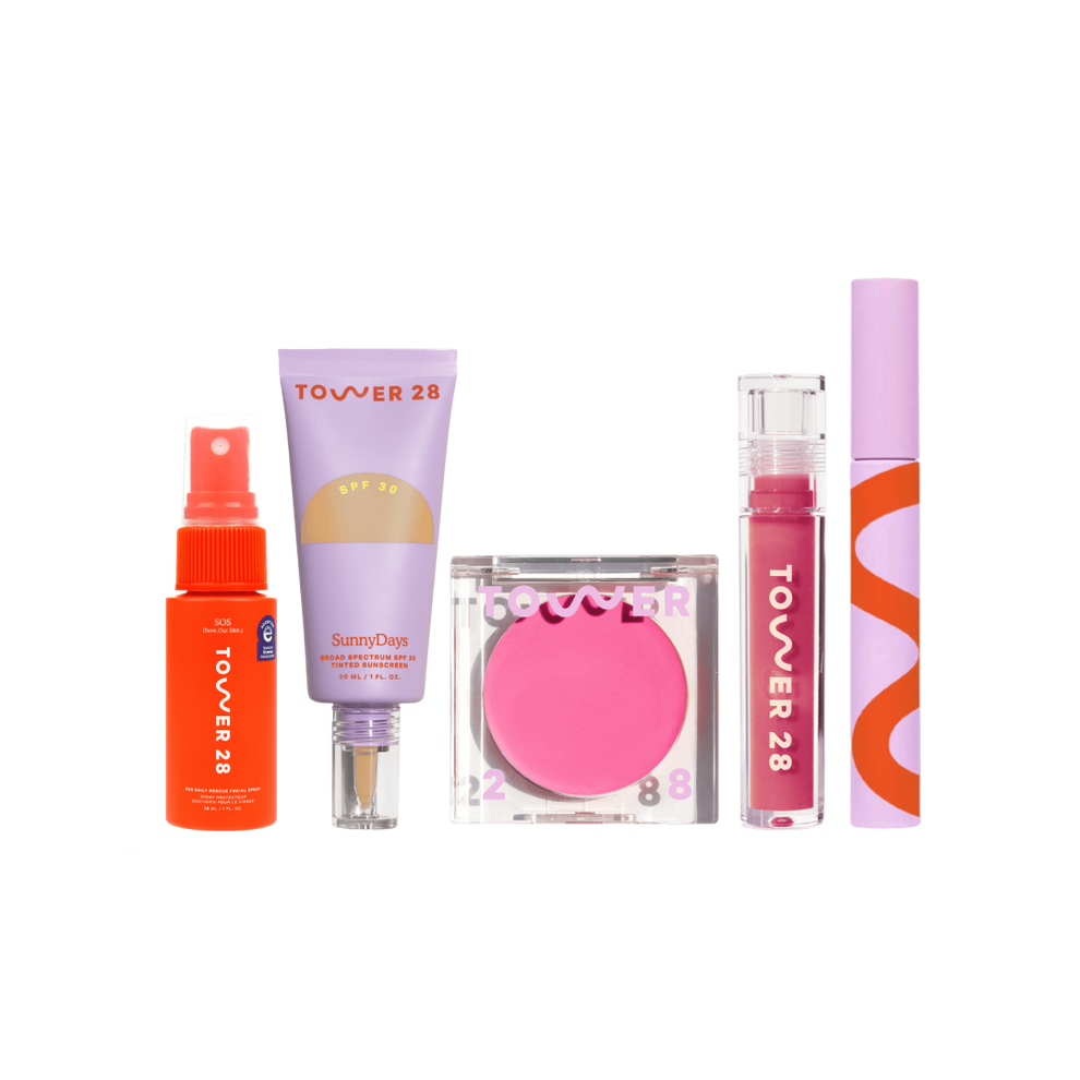 [Shared: Tower 28 Beauty Essentials Set featuring SOS Rescue Spray in 1 oz, SunnyDays SPF 30 Tinted Sunscreen, BeachPlease Cream Blush, ShineOn Lip Jelly, and MakeWaves Mascara