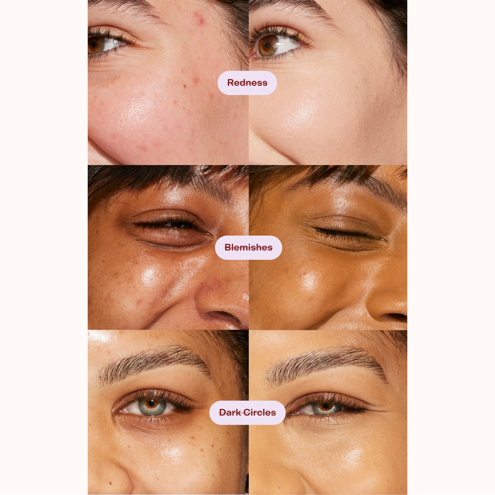 [Shared - before and after of 3 different women wearing Tower 28 Beauty Swipe Serum Concealer to cover and conceal redness, blemishes, and dark circles.