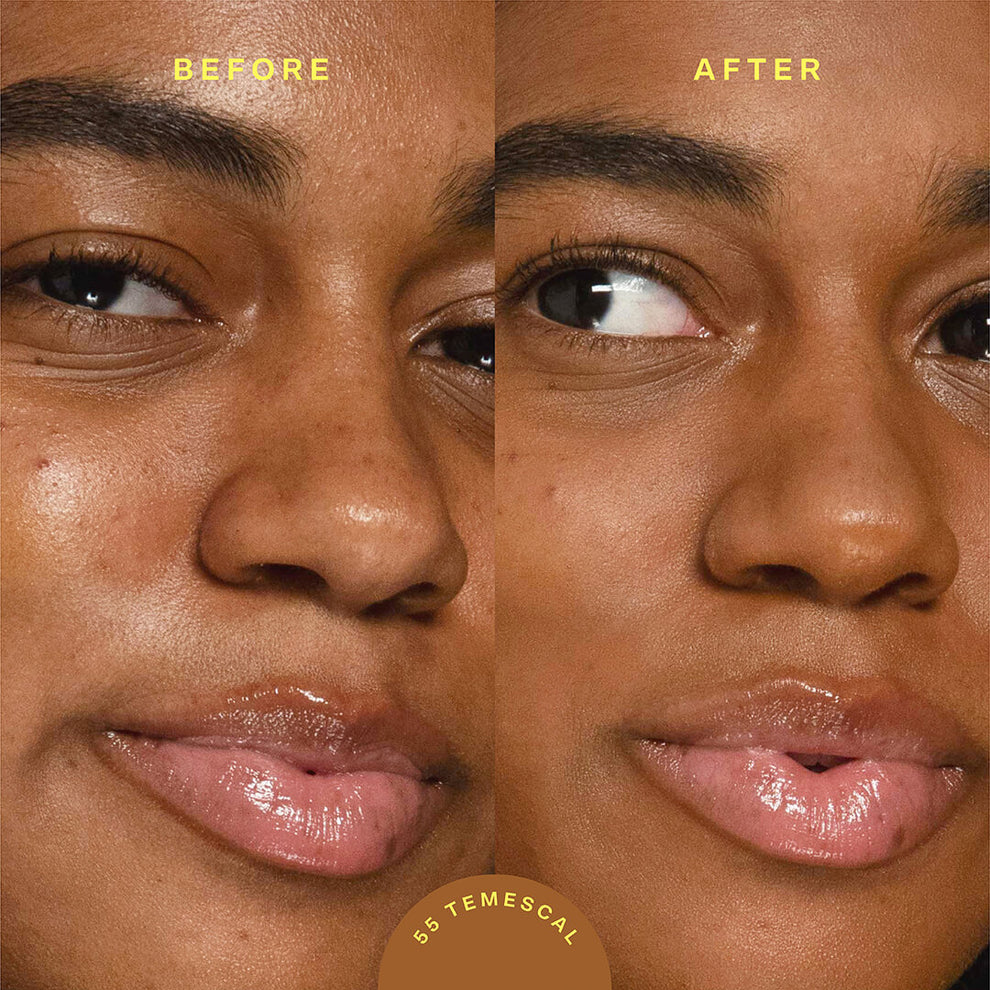 A model before (left image) and after (right image) applying Tower 28 Beauty SunnyDays™ Tinted SPF 30 in the shade 55 Temescal