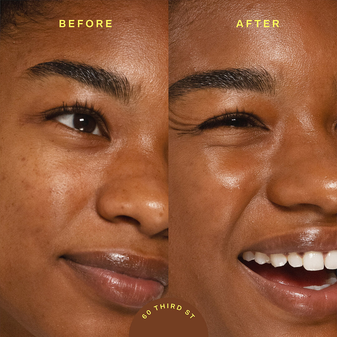 A model before (left image) and after (right image) applying Tower 28 Beauty SunnyDays™ Tinted SPF 30 in the shade 60 Third St