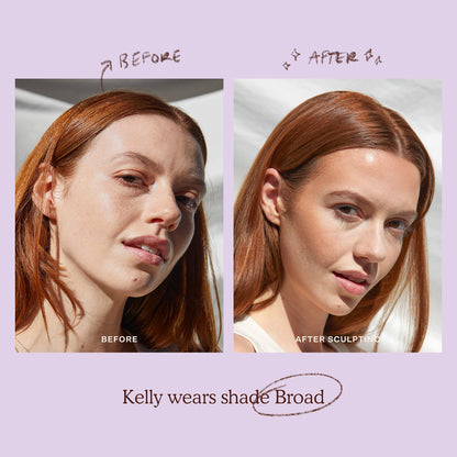 Shade: Broad [A model before and after applying the Tower 28 Beauty Sculptino™ Cream Contour in the shade Broad]