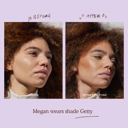 Shade: Getty [A model before and after applying the Tower 28 Beauty Sculptino™ Cream Contour in the shade Getty]