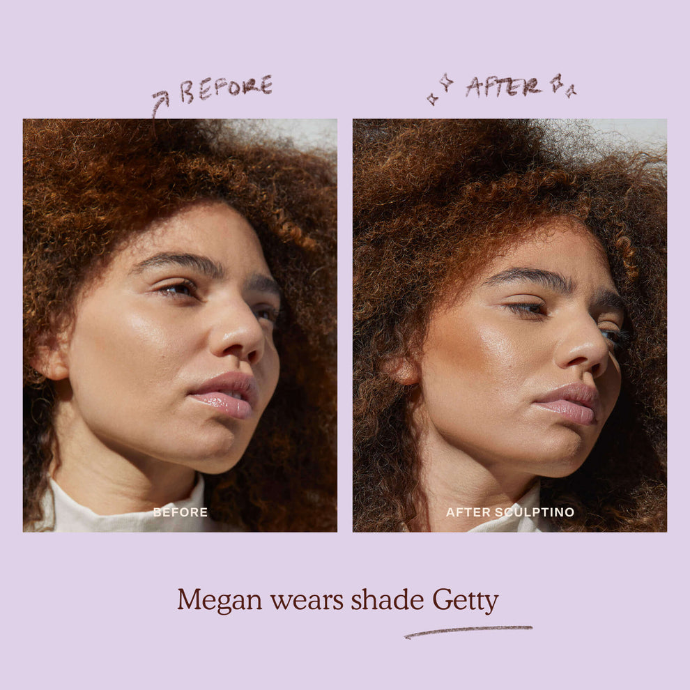 A model before and after applying the Tower 28 Beauty Sculptino™ Cream Contour in the shade Getty