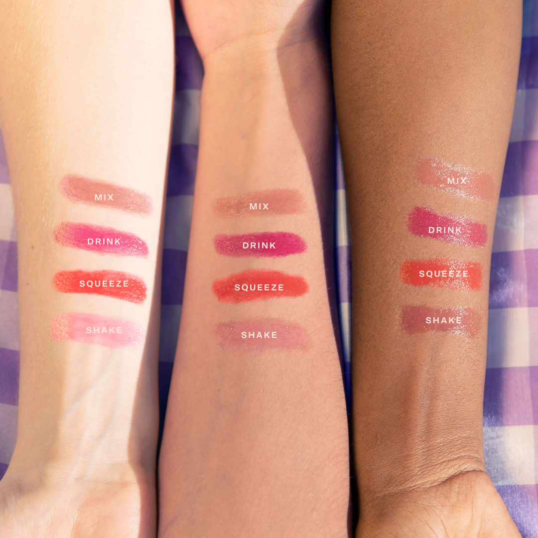 [Shared: Tower 28 Beauty's JuiceBalm Lip Balm in the shades Drink, Squeeze, Shake, and Mix swatched out across three different skin tones