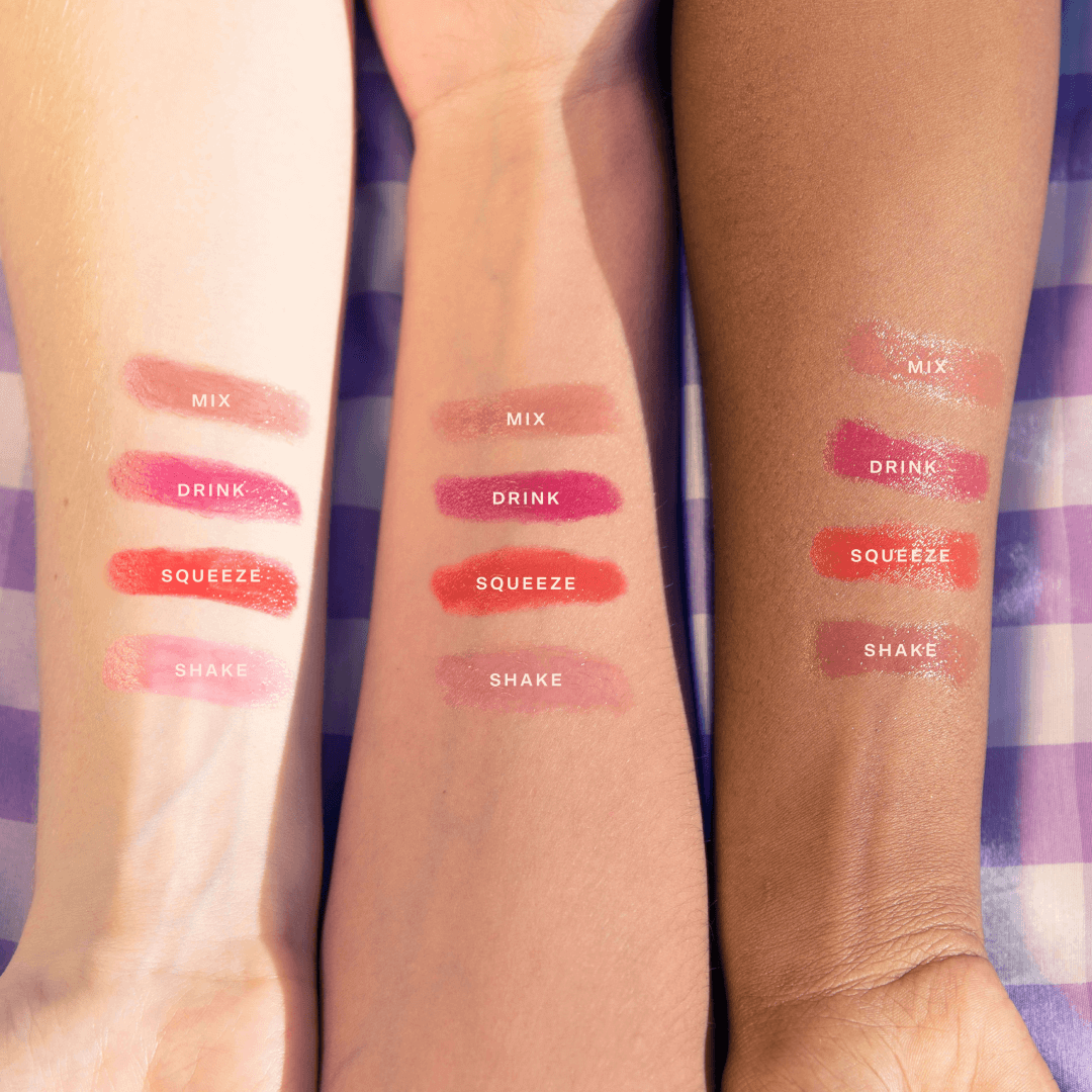 [Shared: All four shades of Tower 28 Beauty's JuiceBalm Lip Balm swatched on three different skin tones