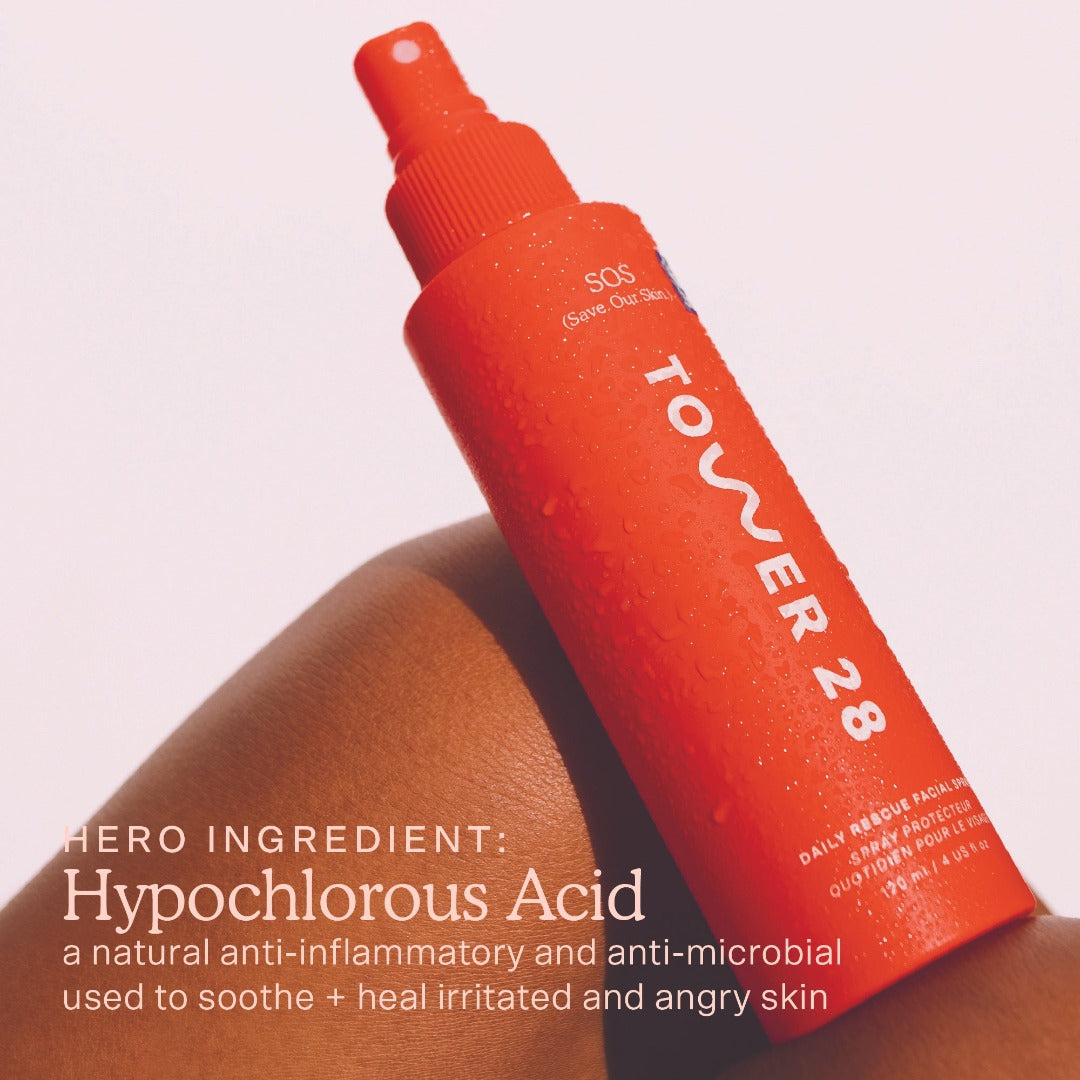 [Tower 28 Beauty SOS Rescue Spray's hero ingredient is hypochlorous acid which is a natural anti-inflammatory and anti-microbial used to soothe + heal irritated and angry skin