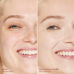 Before and after comparison of a woman's smile with cosmetic effects applied. [1.0 BH]