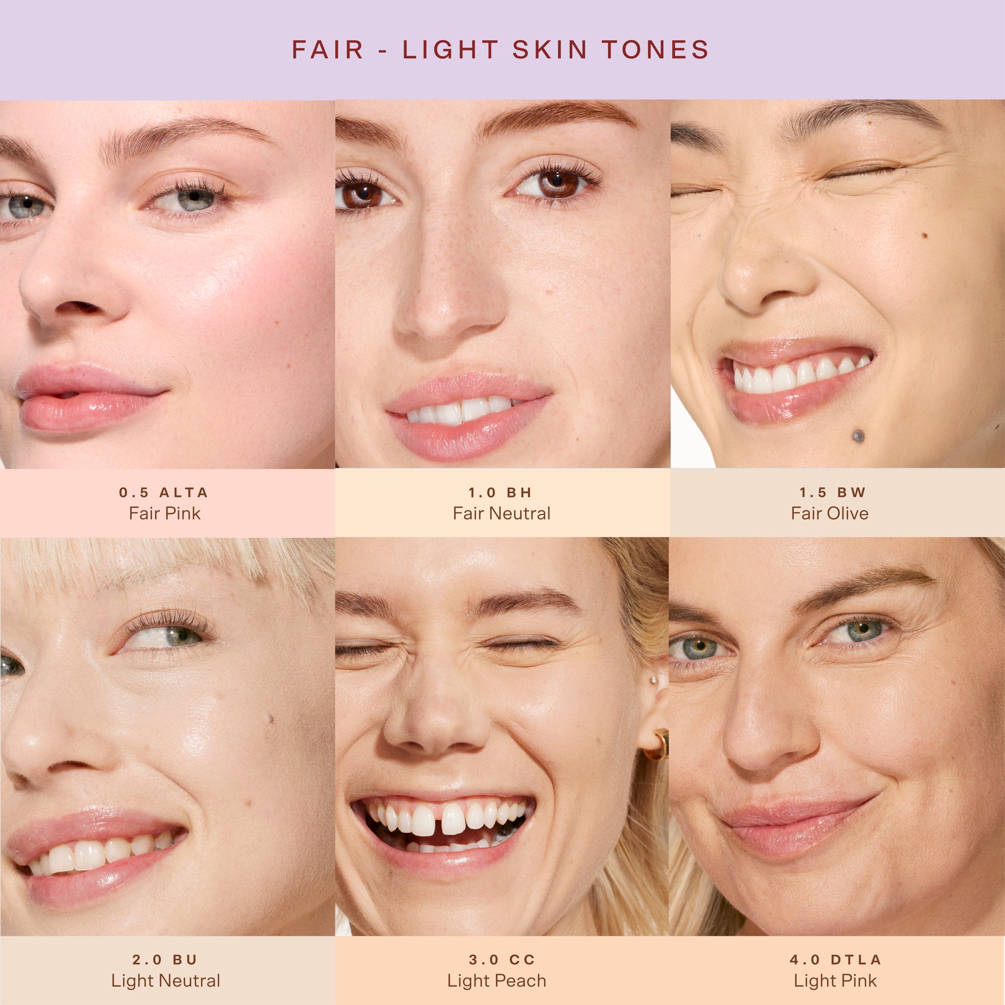 Collage of a woman's face with different skin tones and makeup [0.5 ALTA,1.0 BH, 1.5 BW, 2.0 BU, 3.0 CC, 4.0 DTLA] shades.