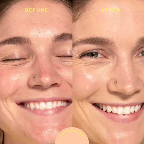 A person's face before and after applying SunnyDays™ Tinted SPF 30 in the shade 18 Montana, revealing sheer, buildable coverage that visibly evens skin tone and softens discoloration while maintaining a natural, skin-like finish. [18 Montana]