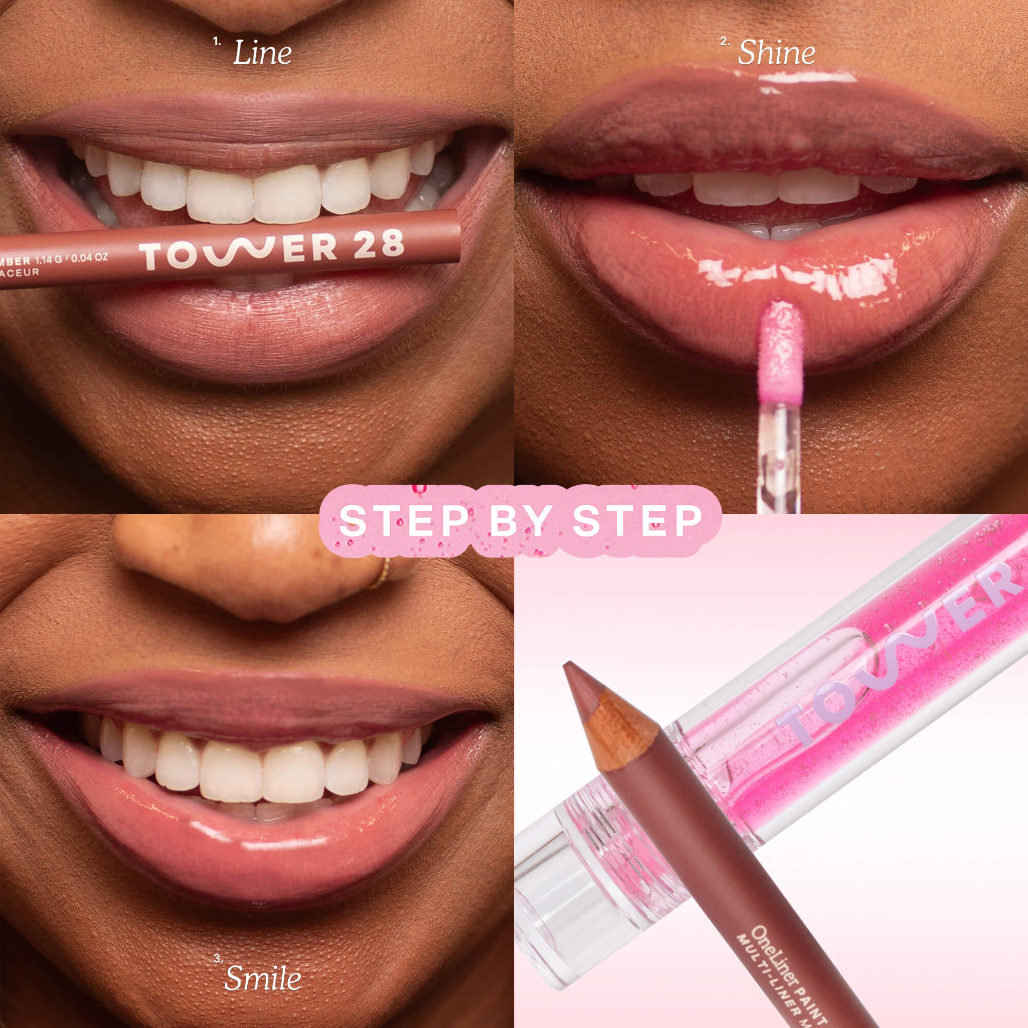 [Shared: This image features the Tower 28 Beauty Line + Shine Lip Kit. It demonstrates a step-by-step process for achieving a smooth, glossy lip look:

Line: Using OneLiner Multi-Liner Lip Liner to outline the lips.

Shine: Applying a ShineOn Lip Jelly in shade LUCKY for a shiny finish and sheer pink tint.

Smile: Revealing the final glossy lip look, showcasing healthy and radiant lips.

The steps are clearly shown with corresponding product visuals.]