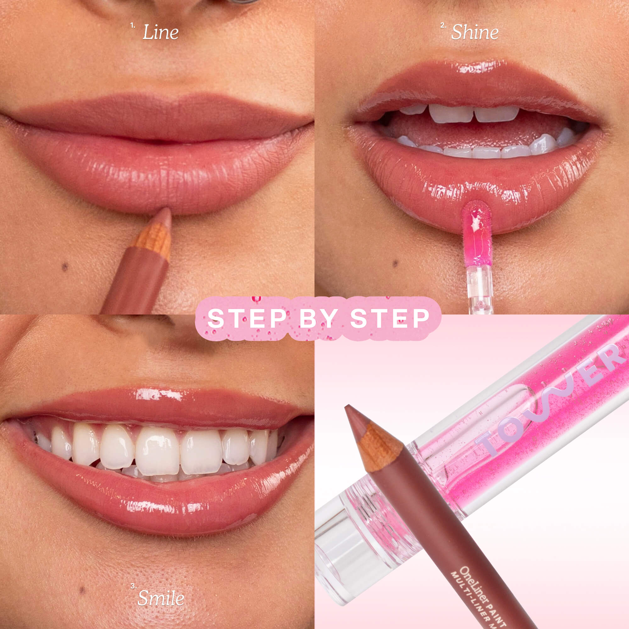 [Shared: This image features the Tower 28 Beauty Line + Shine Lip Kit. It demonstrates a step-by-step process for achieving a smooth, glossy lip look:

Line: Using OneLiner Multi-Liner Lip Liner to outline the lips.

Shine: Applying a ShineOn Lip Jelly in shade LUCKY for a shiny finish and sheer pink tint.

Smile: Revealing the final glossy lip look, showcasing healthy and radiant lips.

The steps are clearly shown with corresponding product visuals.]