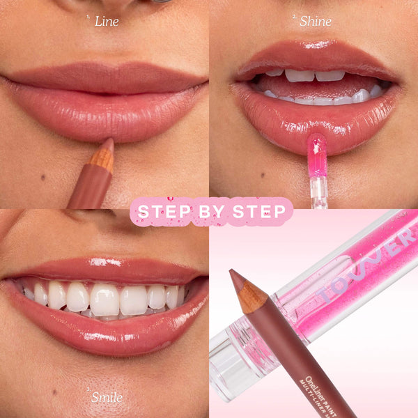 [Shared: This image features the Tower 28 Beauty Line + Shine Lip Kit. It demonstrates a step-by-step process for achieving a smooth, glossy lip look:

Line: Using OneLiner Multi-Liner Lip Liner to outline the lips.

Shine: Applying a ShineOn Lip Jelly in shade LUCKY for a shiny finish and sheer pink tint.

Smile: Revealing the final glossy lip look, showcasing healthy and radiant lips.

The steps are clearly shown with corresponding product visuals.]