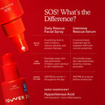 Red bottles of Daily Rescue Facial Spray and Intensive Rescue Serum with text on a red background [Shared]