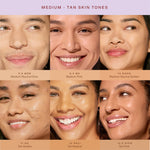 Collage of faces with different skin tones and shades, labeled 'Tan - Deep Skintones'. [9.0 MDR, 9.5 MV, 10.0 NOHO, 11.0 OC, 12.0 PALI, 12.5 PICO]