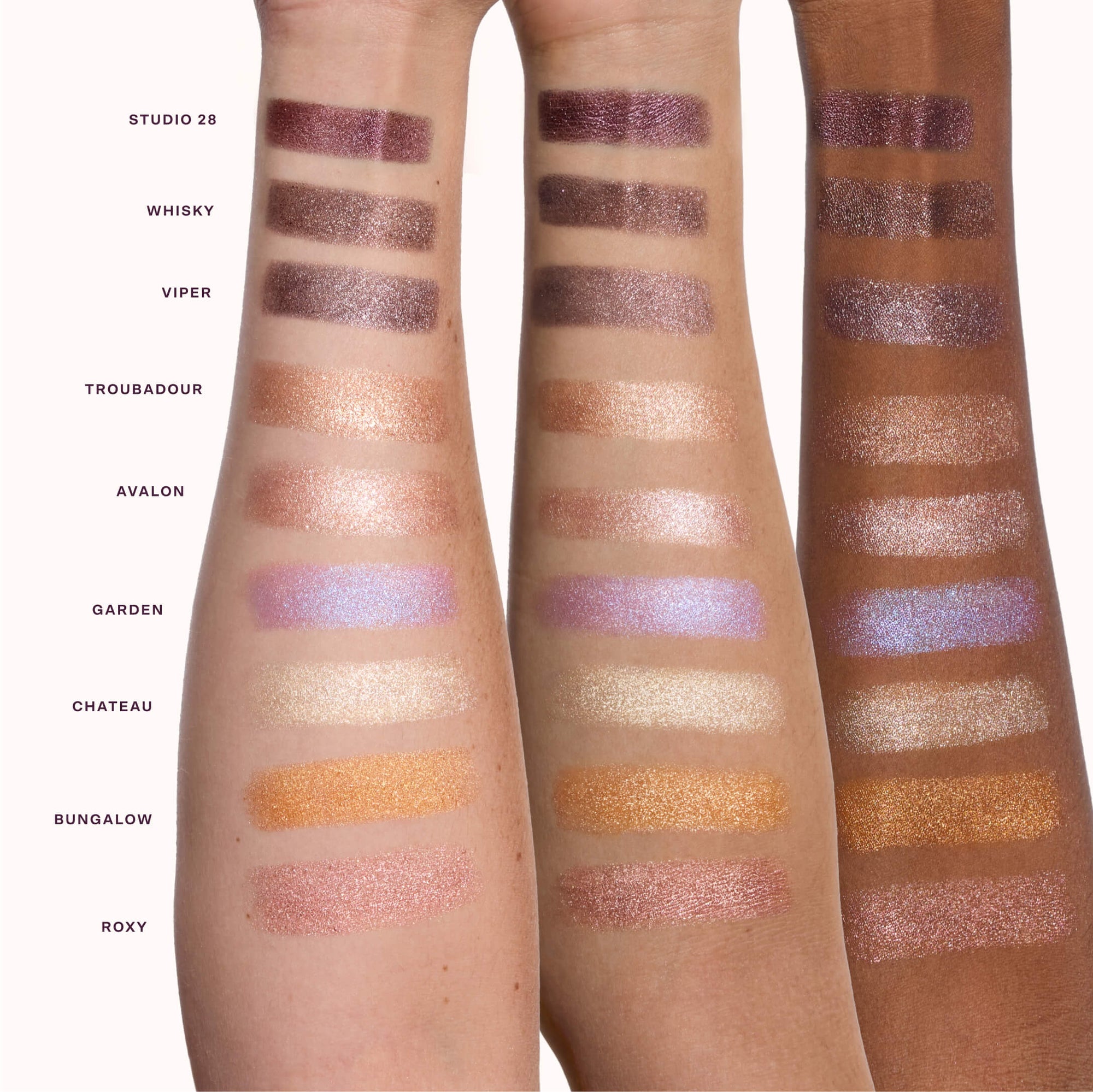 Color swatches of eyeshadows on a person's arm with labeled names. [Shared]