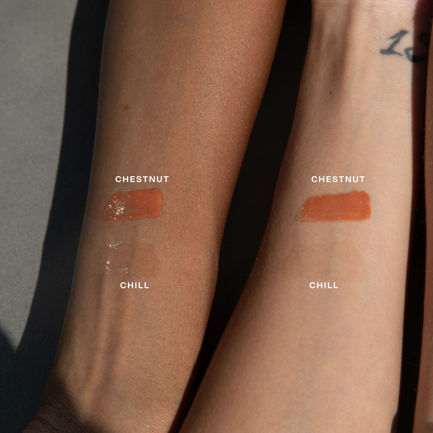 [Shared: The shades Chestnut and Chill of Tower 28 Beauty's ShineOn Lip Jelly swatched on two different skin tones]