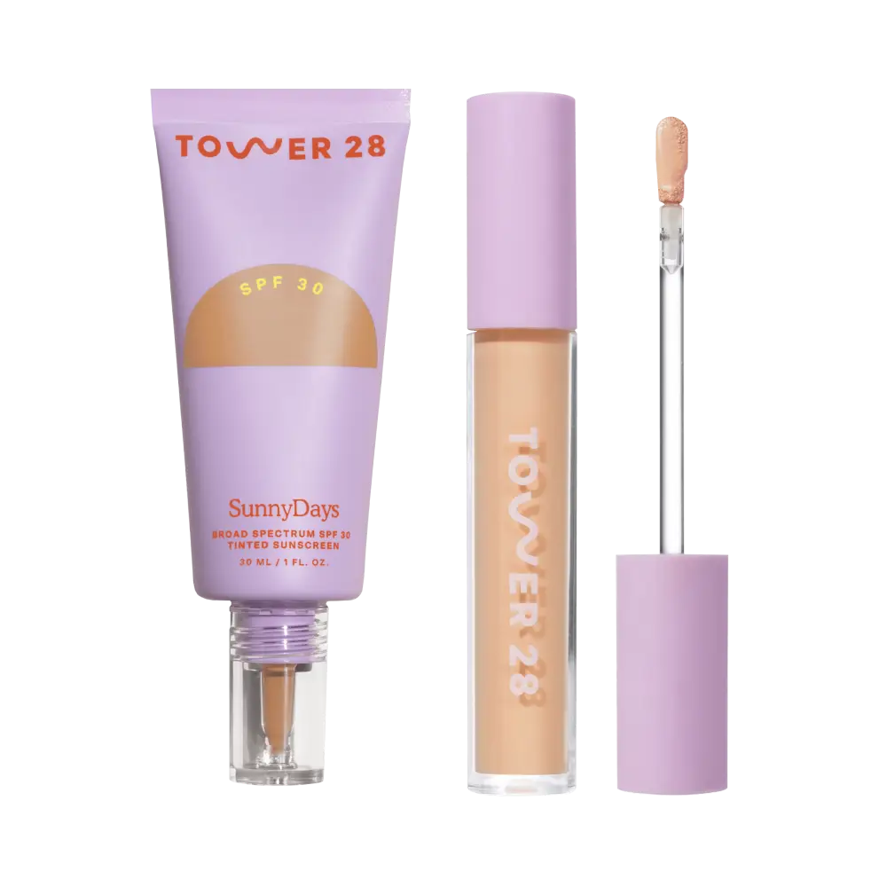 Tower 28's Everyday Base-ics Set includes SunnyDays™ SPF 30 provides light-medium buildable coverage and UV protection, as well as Swipe Serum Concealer covers dark circles, redness, and blemishes with a skin-like natural finish. [Shared]