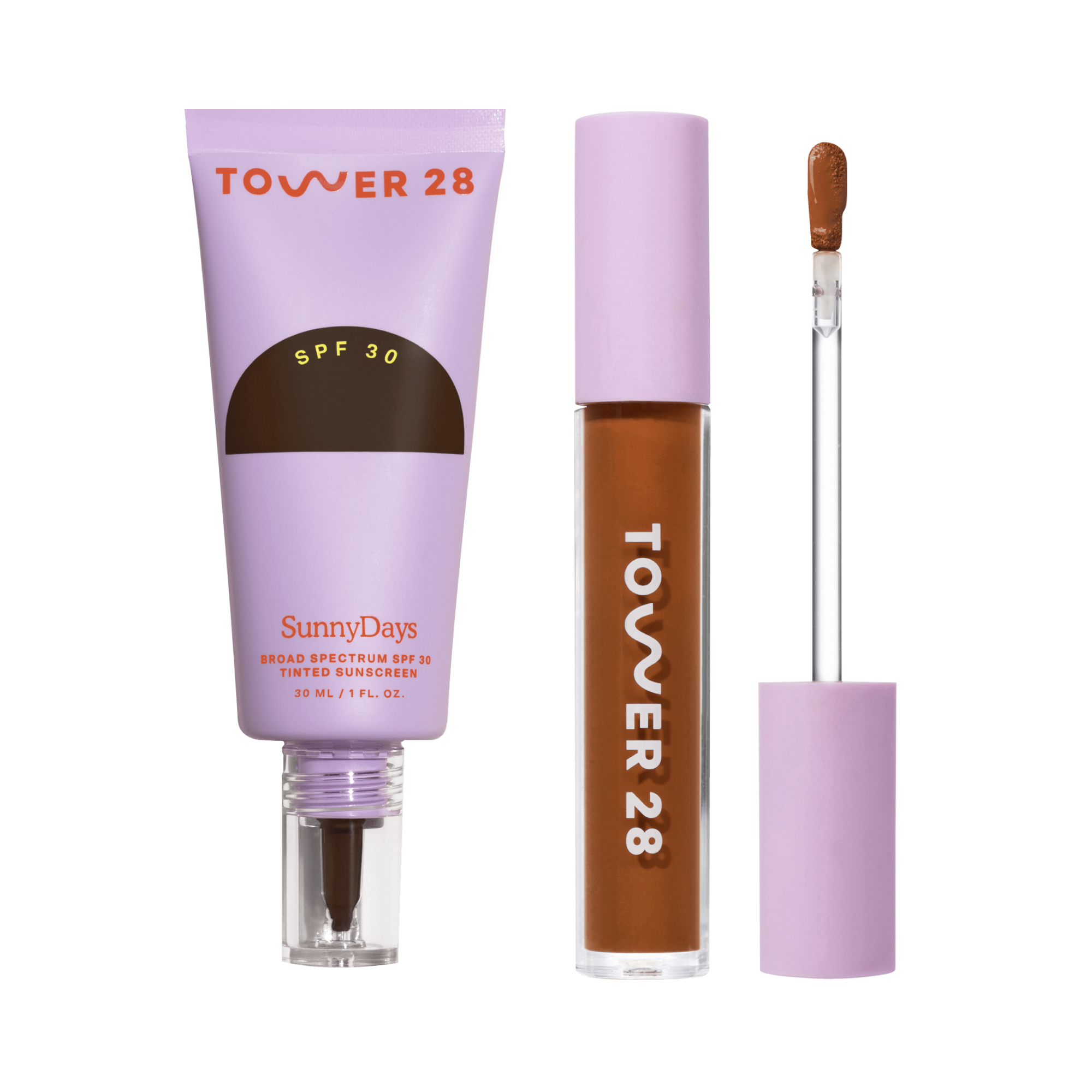 Tower 28's Everyday Base-ics Set includes SunnyDays™ SPF 30 provides light-medium buildable coverage and UV protection, as well as Swipe Serum Concealer covers dark circles, redness, and blemishes with a skin-like natural finish. [Shared]