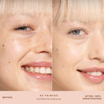 A person's face before and after applying SunnyDays™ Tinted SPF 30 in the shade 05 Fairfax, revealing sheer, buildable coverage that visibly evens skin tone and softens discoloration while maintaining a natural, skin-like finish. [05 Fairfax]