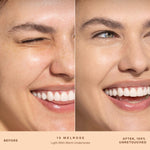 A person's face before and after applying SunnyDays™ Tinted SPF 30 in the shade 15 Melrose, revealing sheer, buildable coverage that visibly evens skin tone and softens discoloration while maintaining a natural, skin-like finish. [15 Melrose]