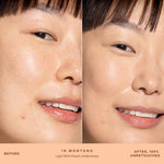 A person's face before and after applying SunnyDays™ Tinted SPF 30 in the shade 18 Montana, revealing sheer, buildable coverage that visibly evens skin tone and softens discoloration while maintaining a natural, skin-like finish. [18 Montana]