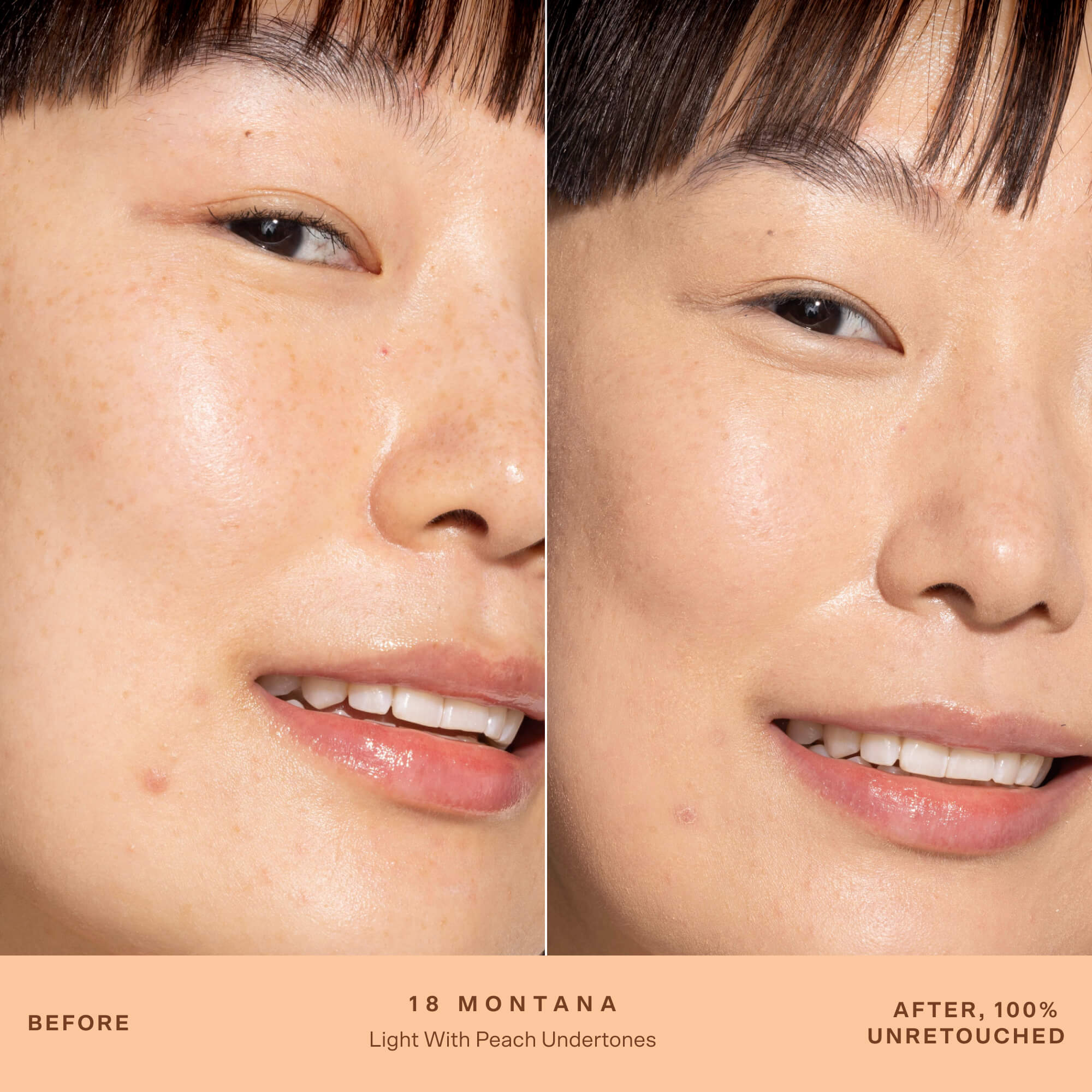 A person's face before and after applying SunnyDays™ Tinted SPF 30 in the shade 18 Montana, revealing sheer, buildable coverage that visibly evens skin tone and softens discoloration while maintaining a natural, skin-like finish. [18 Montana]