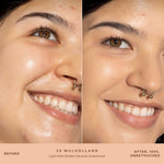 A person's face before and after applying SunnyDays™ Tinted SPF 30 in the shade 20 Mulholland, revealing sheer, buildable coverage that visibly evens skin tone and softens discoloration while maintaining a natural, skin-like finish. [20 Mulholland]