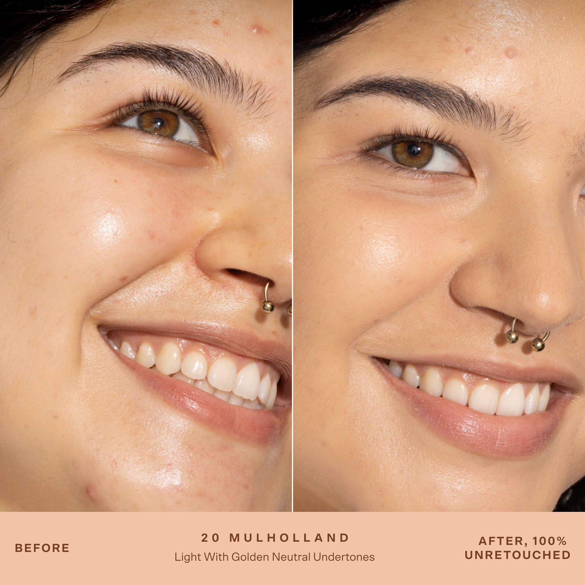 A person's face before and after applying SunnyDays™ Tinted SPF 30 in the shade 20 Mulholland, revealing sheer, buildable coverage that visibly evens skin tone and softens discoloration while maintaining a natural, skin-like finish. [20 Mulholland]