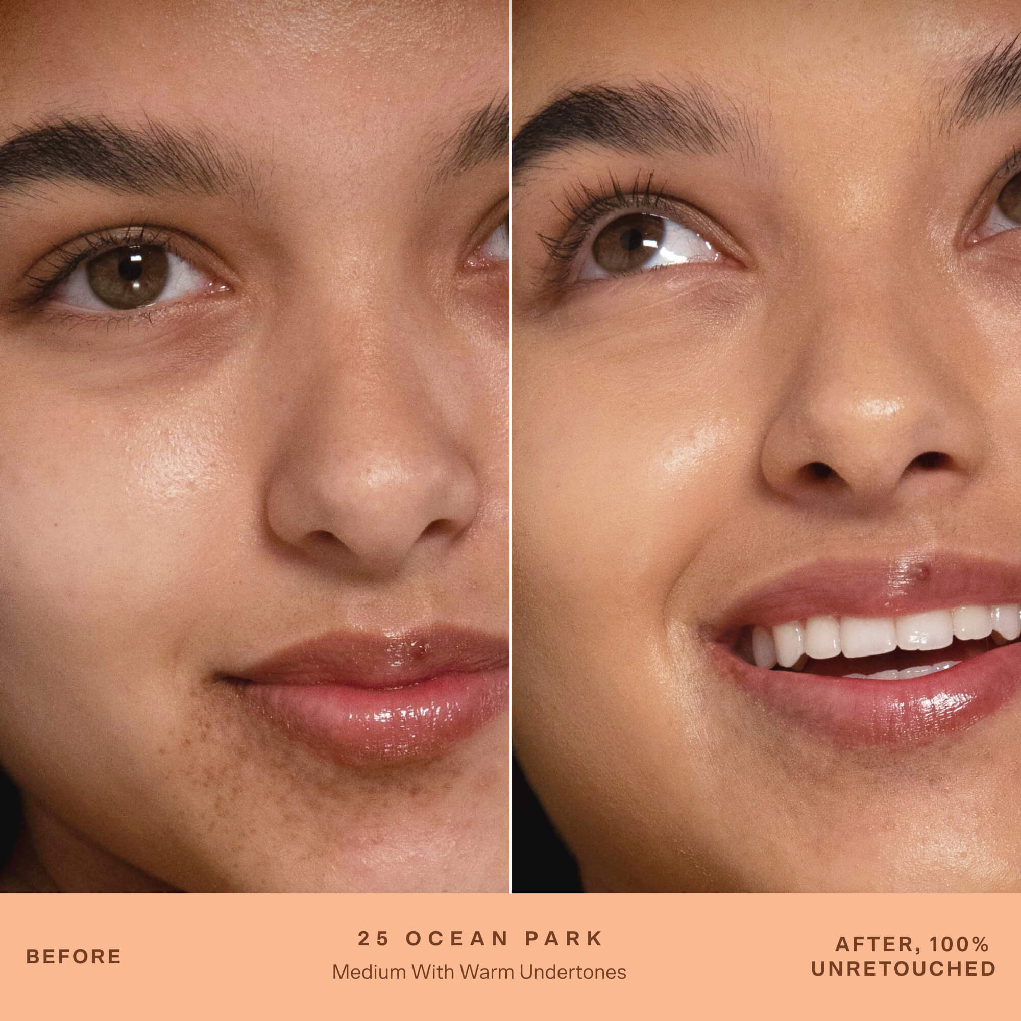 A person's face before and after applying SunnyDays™ Tinted SPF 30 in the shade 25 Ocean Park, revealing sheer, buildable coverage that visibly evens skin tone and softens discoloration while maintaining a natural, skin-like finish. [25 Ocean Park]