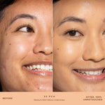 A person's face before and after applying SunnyDays™ Tinted SPF 30 in the shade 30 PCH, revealing sheer, buildable coverage that visibly evens skin tone and softens discoloration while maintaining a natural, skin-like finish. [30 PCH]