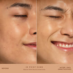 A person's face before and after applying SunnyDays™ Tinted SPF 30 in the shade 35 Point Dume, revealing sheer, buildable coverage that visibly evens skin tone and softens discoloration while maintaining a natural, skin-like finish. [35 Point Dume]