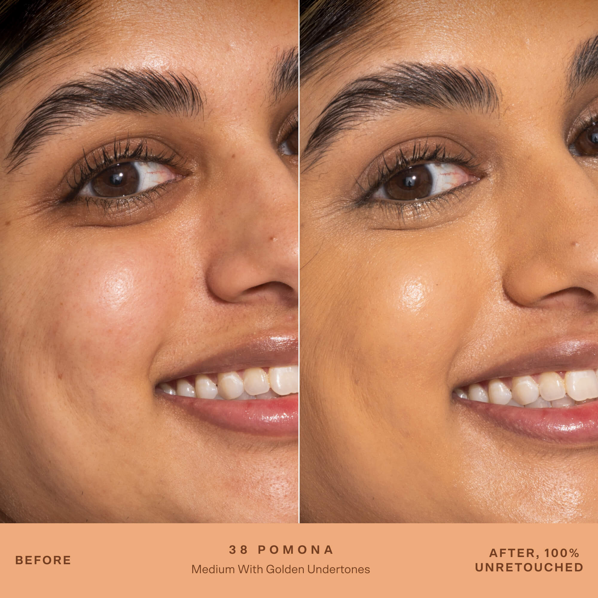 A person's face before and after applying SunnyDays™ Tinted SPF 30 in the shade 38 Pomona, revealing sheer, buildable coverage that visibly evens skin tone and softens discoloration while maintaining a natural, skin-like finish. [38 Pomona]