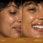 A person's face before and after applying SunnyDays™ Tinted SPF 30 in the shade 50 Sunset, revealing sheer, buildable coverage that visibly evens skin tone and softens discoloration while maintaining a natural, skin-like finish. [50 Sunset]