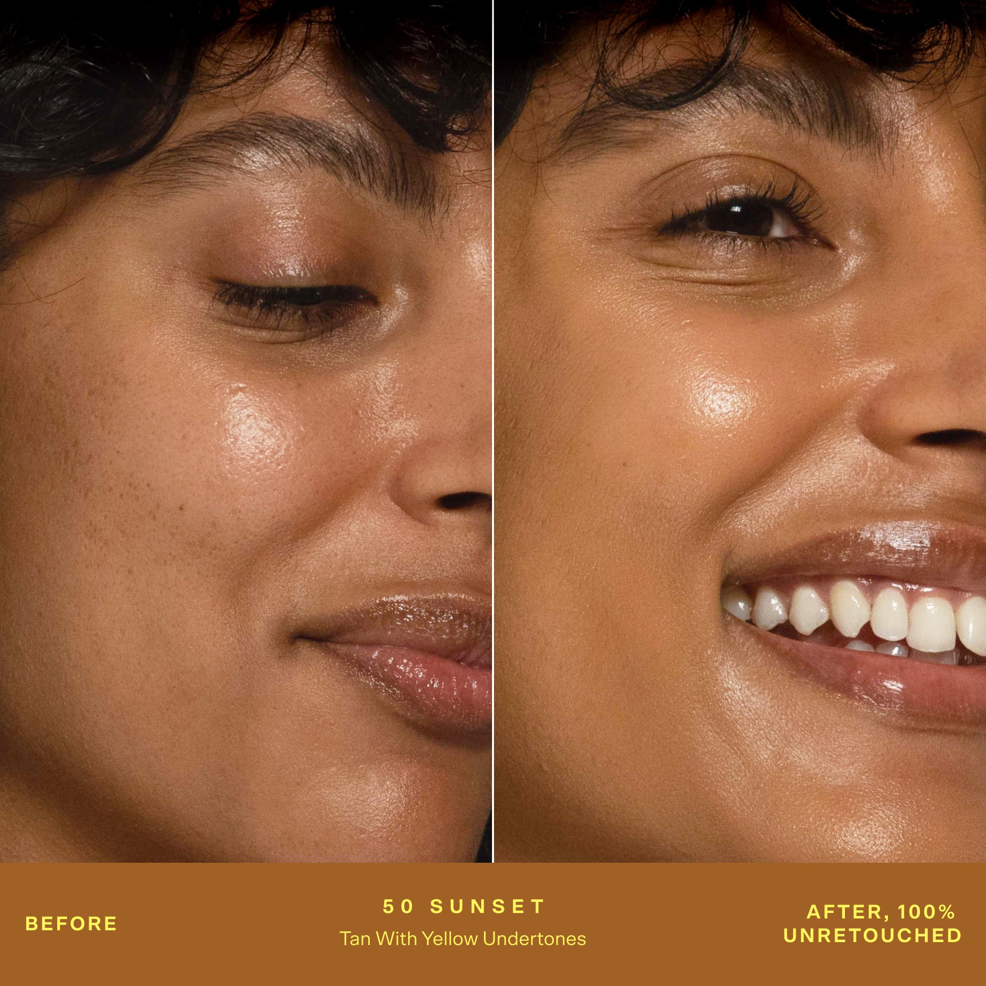 A person's face before and after applying SunnyDays™ Tinted SPF 30 in the shade 50 Sunset, revealing sheer, buildable coverage that visibly evens skin tone and softens discoloration while maintaining a natural, skin-like finish. [50 Sunset]
