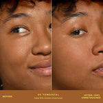 A person's face before and after applying SunnyDays™ Tinted SPF 30 in the shade 55 Temescal, revealing sheer, buildable coverage that visibly evens skin tone and softens discoloration while maintaining a natural, skin-like finish. [55 Temescal]