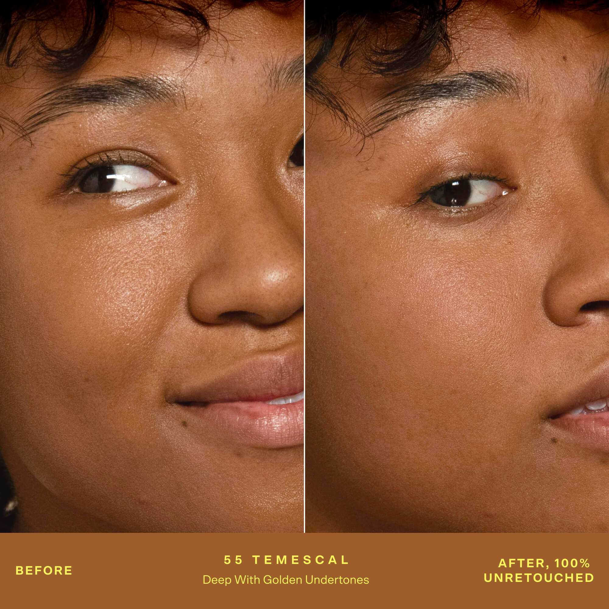 A person's face before and after applying SunnyDays™ Tinted SPF 30 in the shade 55 Temescal, revealing sheer, buildable coverage that visibly evens skin tone and softens discoloration while maintaining a natural, skin-like finish. [55 Temescal]